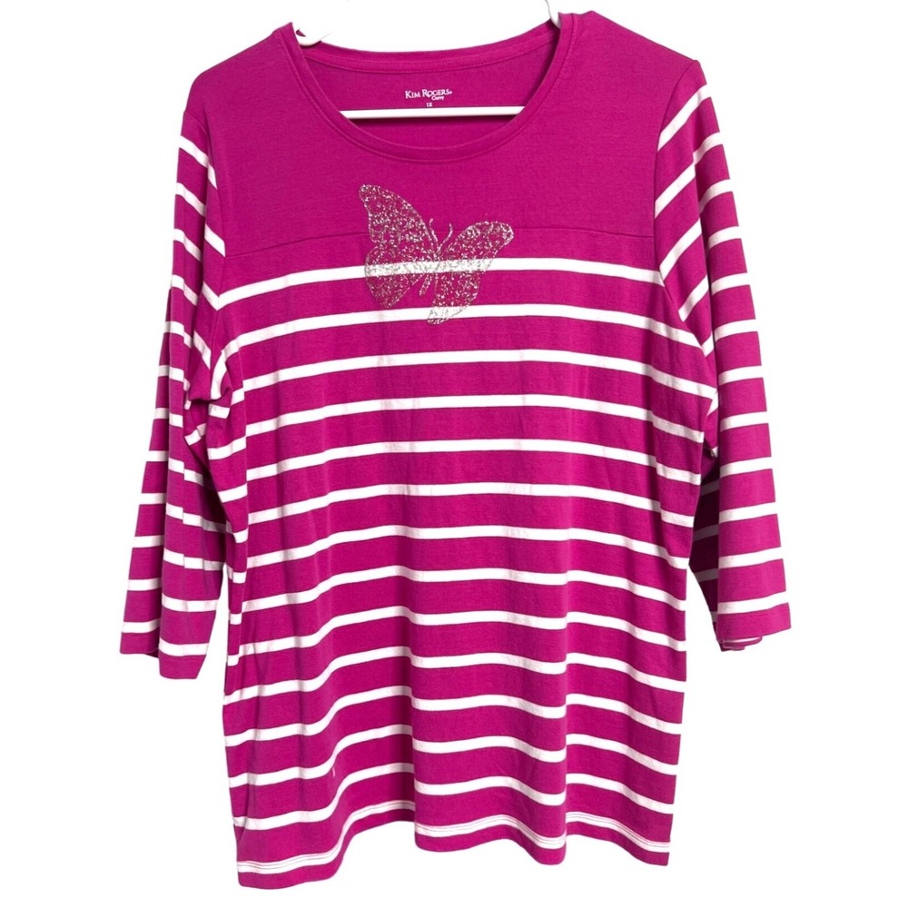 Kim Rogers Women's Curvy 1X Pink & White Striped Top With Butterfly Design